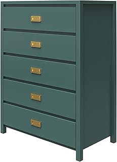 5-Drawer Dresser for Bedroom Dark Green - 35.67 Inch Fabric Dresser with Gold Handles, Storage Drawer Chest for Clothes with Anti-Tip Safety