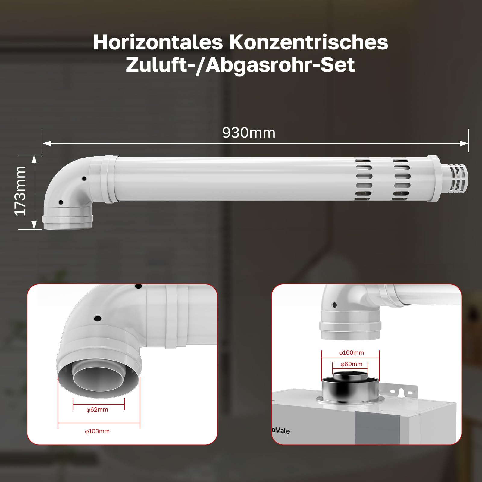 ThermoMate Horizontales Konzentrisches Zuluft-/Abgasrohr-Set für innenbereich Gas-Durchlauferhitzer - 60/100mm x 930mm (mit 90° Bogen)