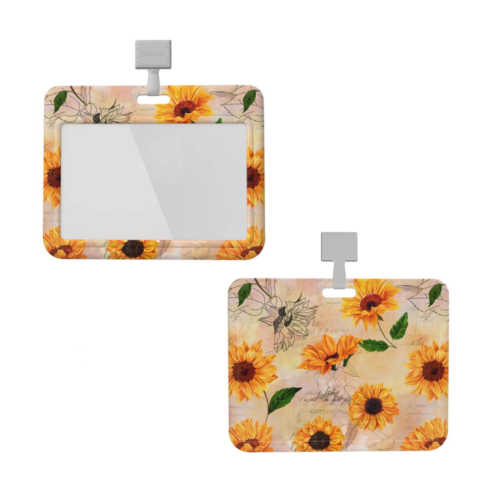 Vintage Sunflower Badge Holder Horizontal Detachable Neck Lanyardbadge Holder for Men Women Waterproof Id Card Name Protector Cover with Lanyard Strap
