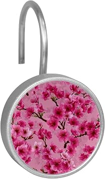 12PCS Seamless Pink Floral Cherry Blossom 1 Shower Curtain Hooks Rings for Bathroom, Decorative Shower Curtain Hooks Rods Curtains and Liner