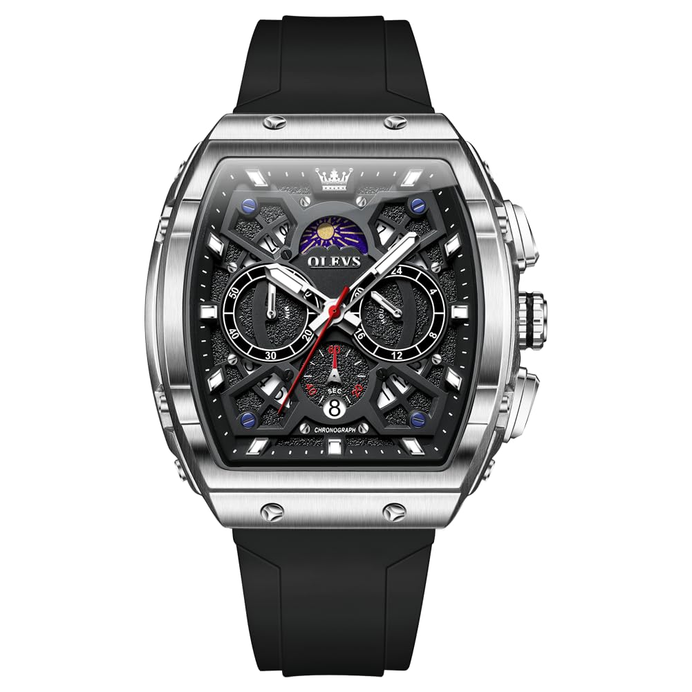 OLEVS Watches for Men Waterproof Analog Quartz Chronograph Business Casual Dress Mens Watch Day Date Moon Phase Fashion Classic Luminous Watch Dainty Big Face Dial Wrist Watches with Silicon Strap
