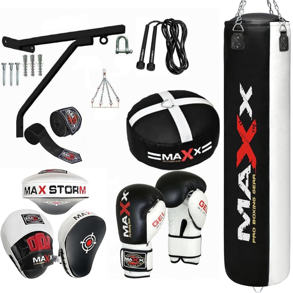 Maxx Home Gym Boxing Punch Bag Set Black White (3ft, 4ft, 5ft) with Gloves, Focus Pads, Floor Anchor Bracket, Rope, Hand Wraps & Chain – Complete Training Kit (4FT, 14OZ)