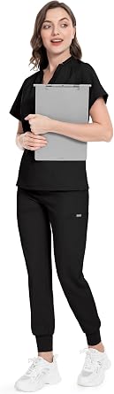 2026 Scrubs Uniforms Women Set with 11 Pockets, 4-Way Stretch V-Neck Scrub Top & Jogger Pants, Beauty Tunic, Nurses Uniform, Medical Work Wear for Healthcare Hospital/Dental Practice - Unisex