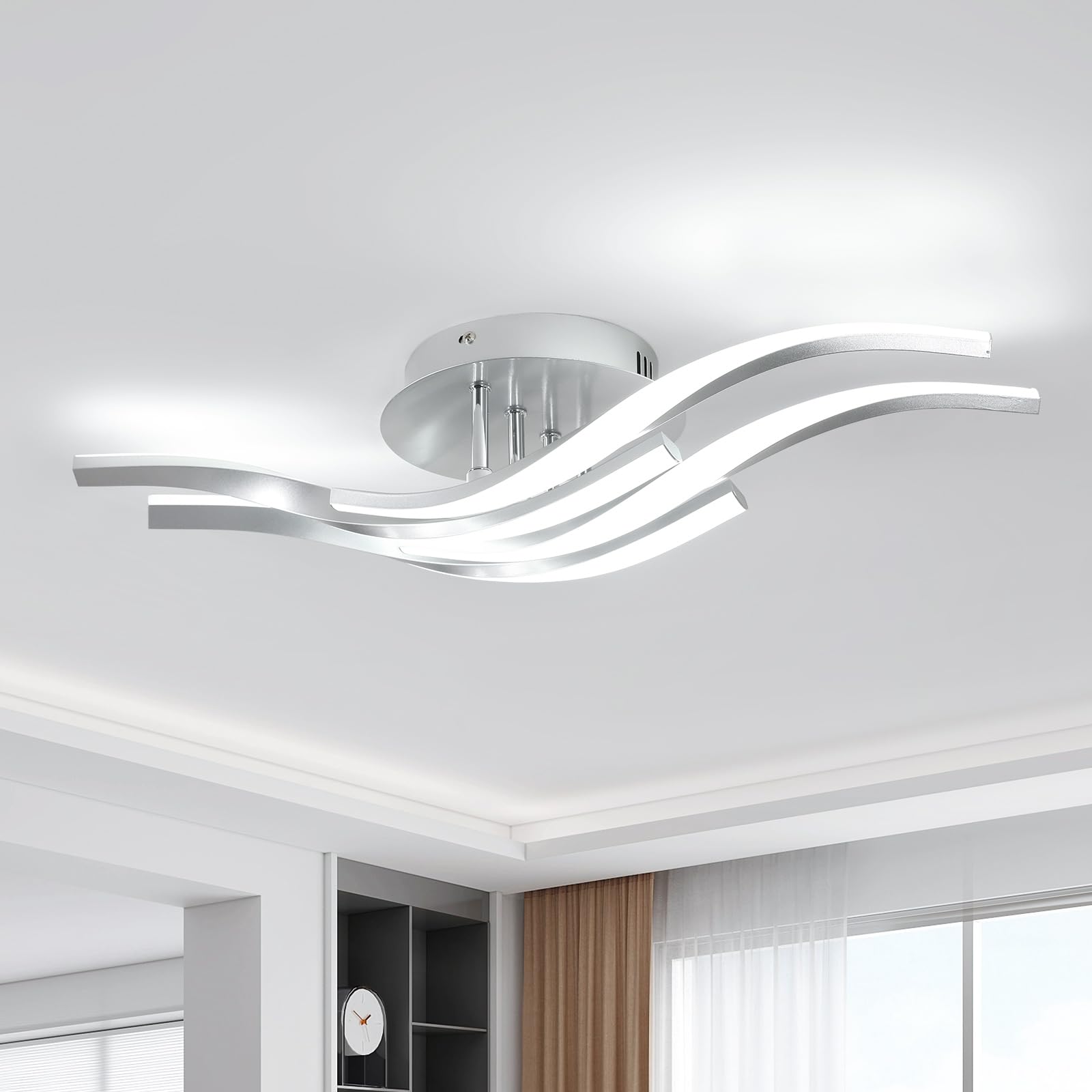 Dorlink Plafoniera LED Soffitto Moderna, 32W 2880LM Lampadario LED Camera da Letto, 6500K Bianco Freddo Lampadari Cucina, 4 Luci Plafoniera Onde Curve Argento, Lampadario Soggiorno, Ø60CM