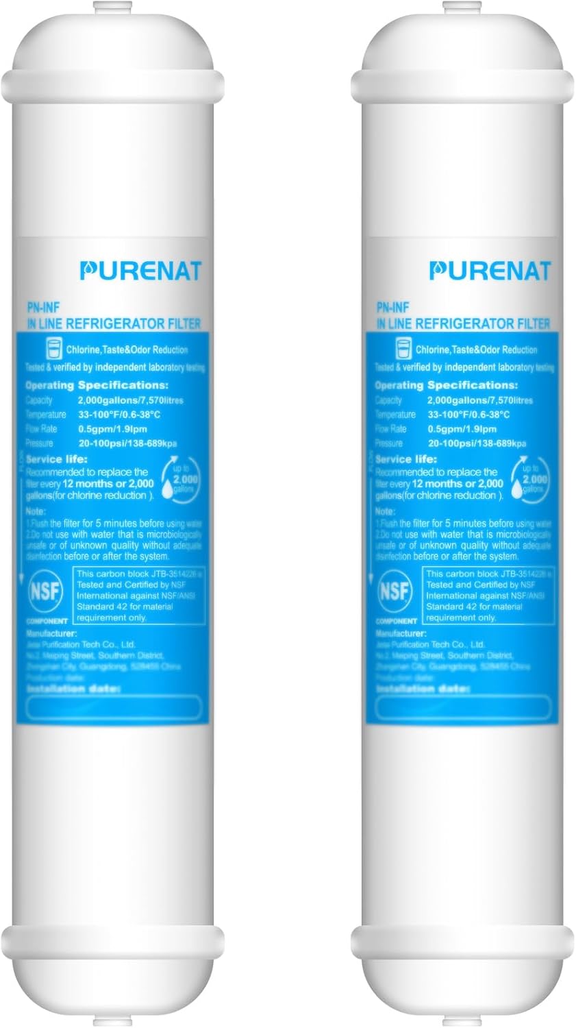 Inline Water Filter for Refrigerator and Ice Maker(2 Pack),1/4" Push Connect Post Carbon Filter Replacement for Reverse Osmosis Water System