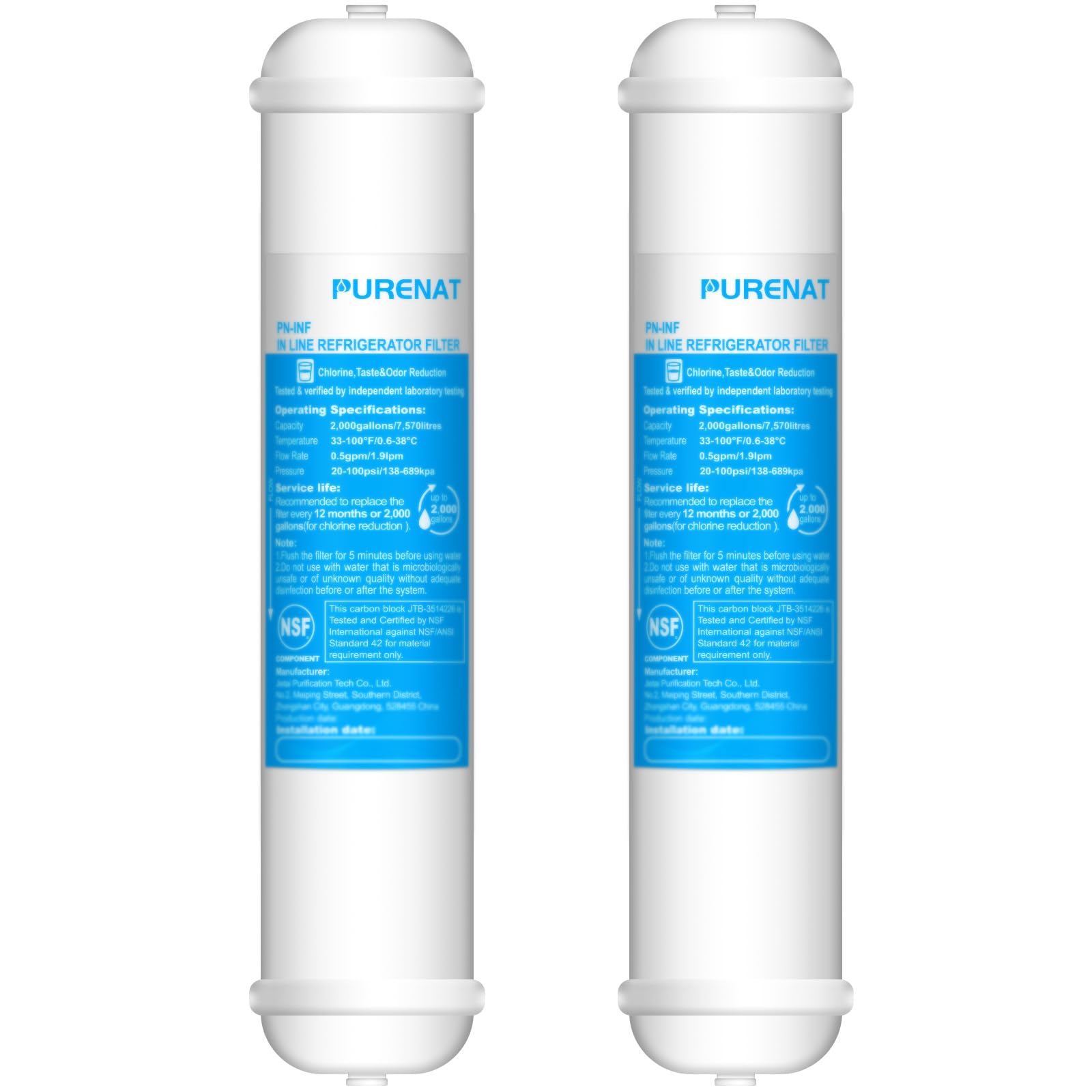 PURENAT Buzdolabı ve Buz Makinesi için Inline Su Filtresi (2 Paket), 1/4 "Push Connect Post Karbon Filtre Değiştirme Ters Osmoz Su Sistemi için
