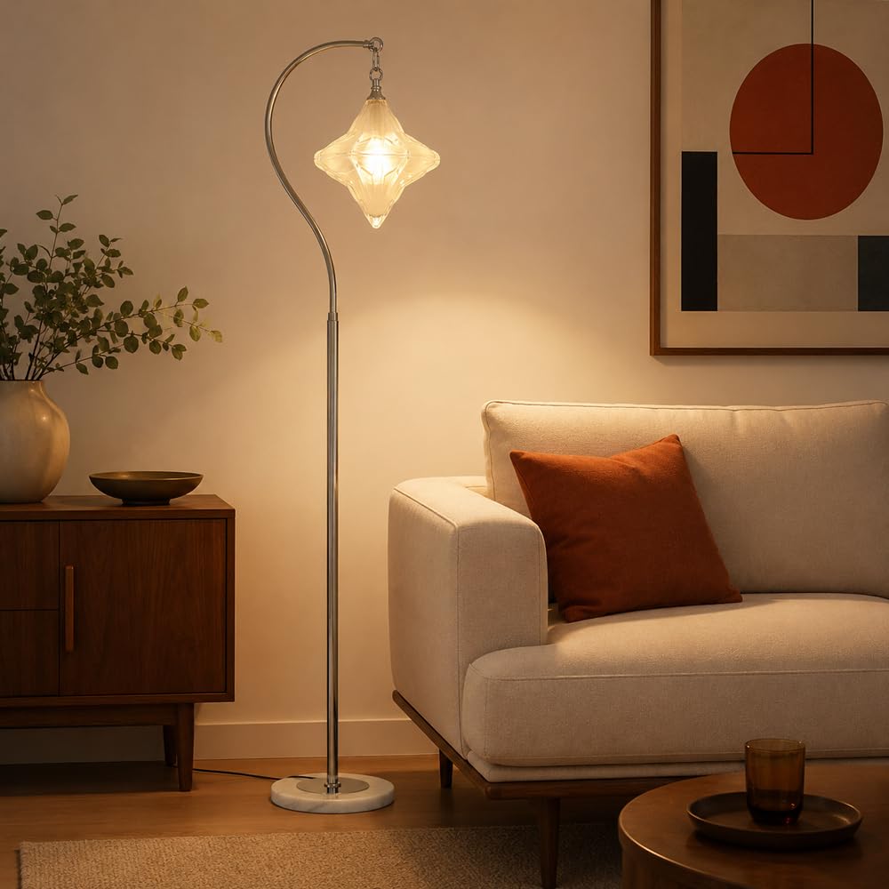 Lampadaire en verre arqué avec lampe sur pied LED 12W et interrupteur au pied pour lecture