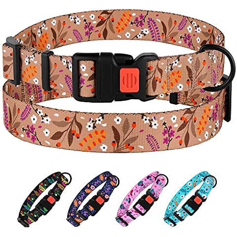CollarDirect Floral Dog Collar Nylon Pattern Flower Print Adjustable Pet Collars for Dogs Small Medium Large Puppy (Neck Fit 18"-26", Toffee) Cover