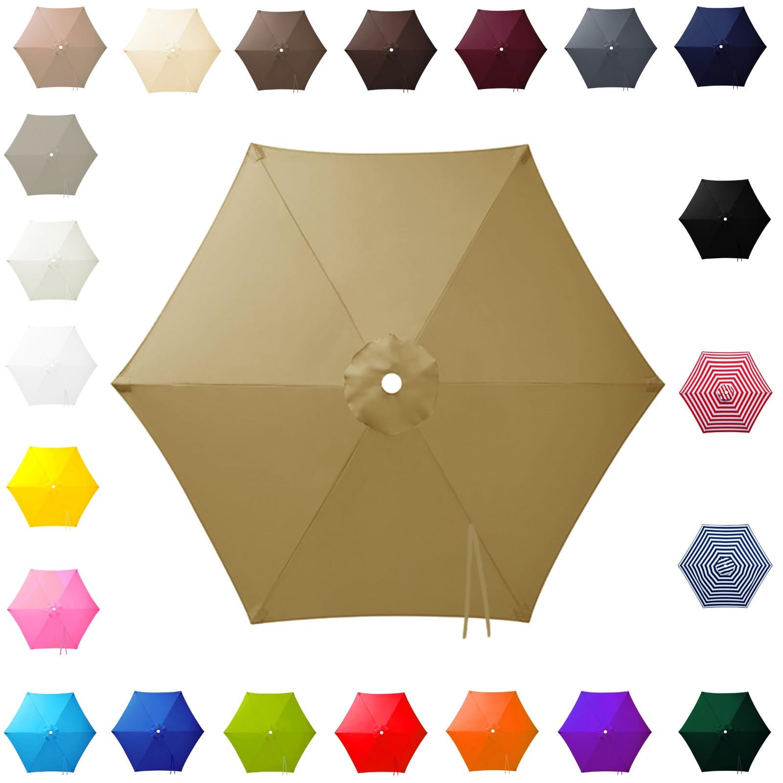 3.0m Replacement Parasol Canopy for 6 Arms, 2m-3m Patio Umbrella Cloth, Waterproof Outdoor Garden Canopy, Beach Parasols Covers, Fabric Sun Shade Top Only, for Pool Lawn(Khaki,2.80m/9.2ft)