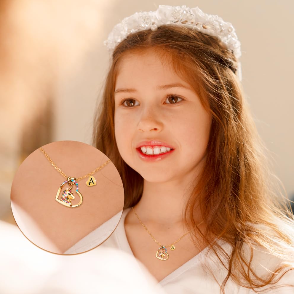 Valentines Day Gifts - Unicorn Necklace Gifts for Girls, Gold CZ Heart Unicorn Jewelry Initial Girls Birthday Colorful Heart Necklace Birthday present3