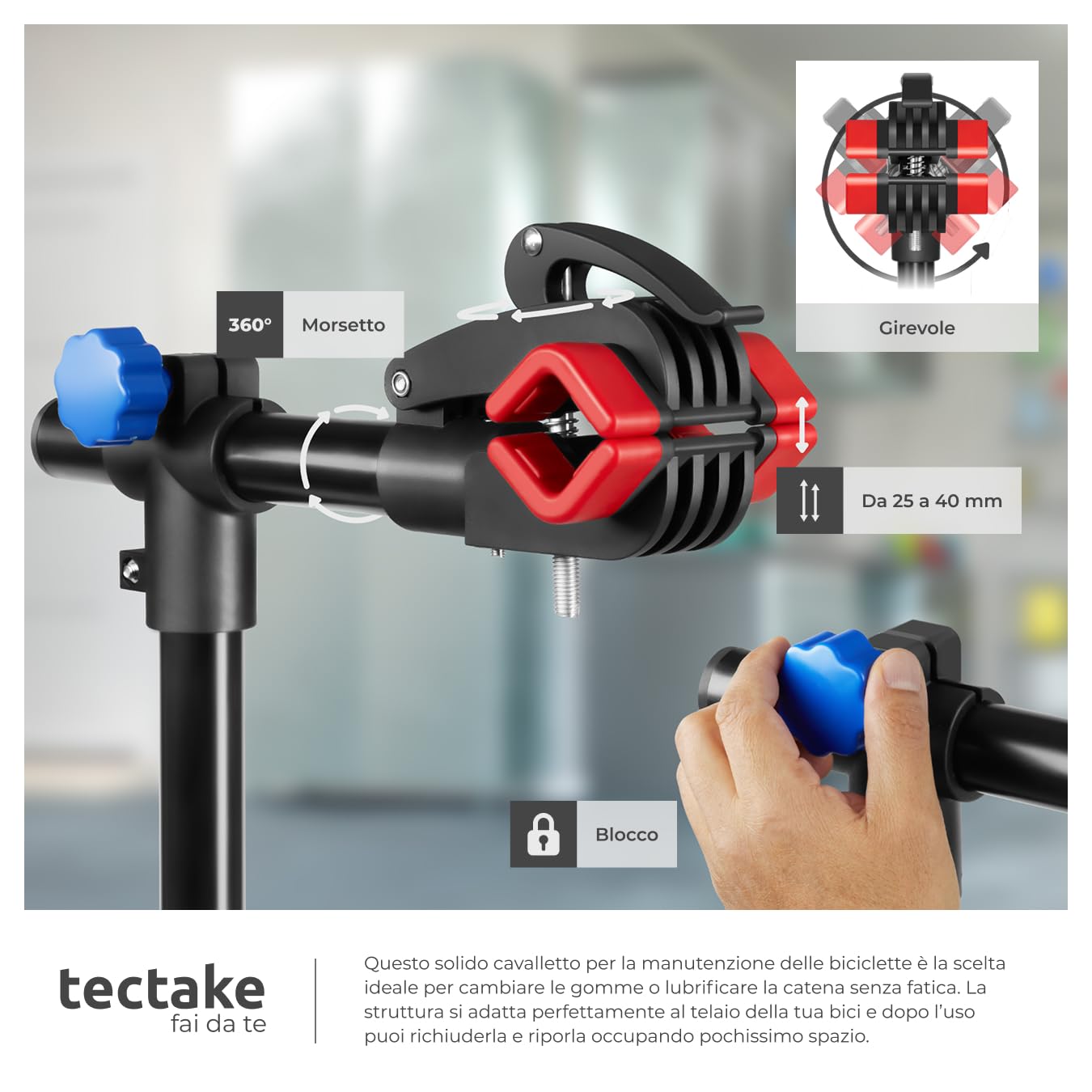 tectake® Cavalletto Manutenzione Bici, Cavalletto Supporto per Bicicletta Pieghevole, Girevole 360°, Vasca Utensili Magnetica, Stabilizzatore Ruota Anteriore, Altezza Regolabile, Carico Max 25 kg