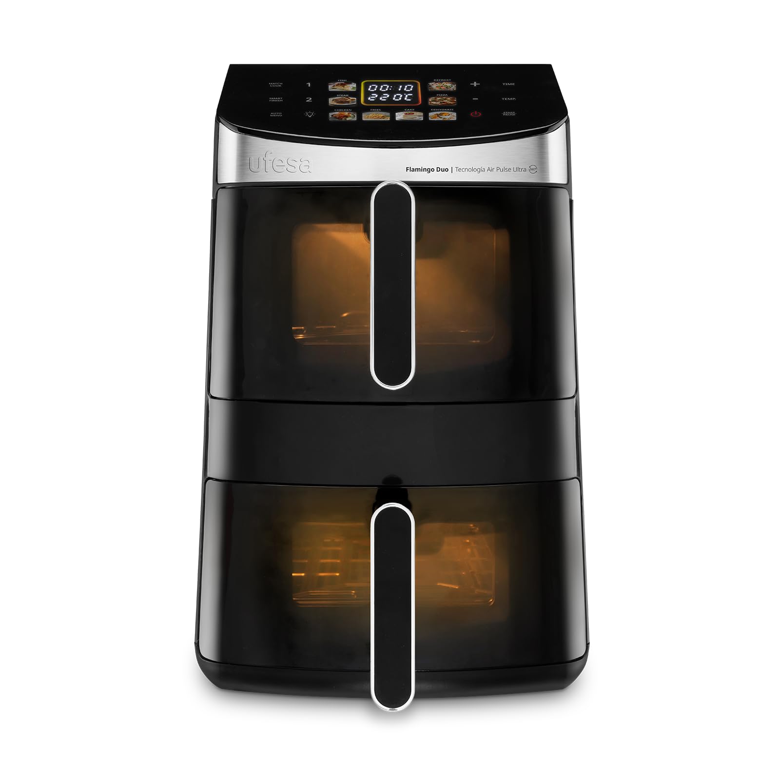 Ufesa Freidora de Aire Flamingo Duo, Doble Cubeta, Capacidad 11.5L, 8 Programas Preestablecidos, Pantalla Táctil Digital, DualZone Heat, 2500W, Vertical, 50-220ºC, Air Pulse 360º, Ventana con Luz