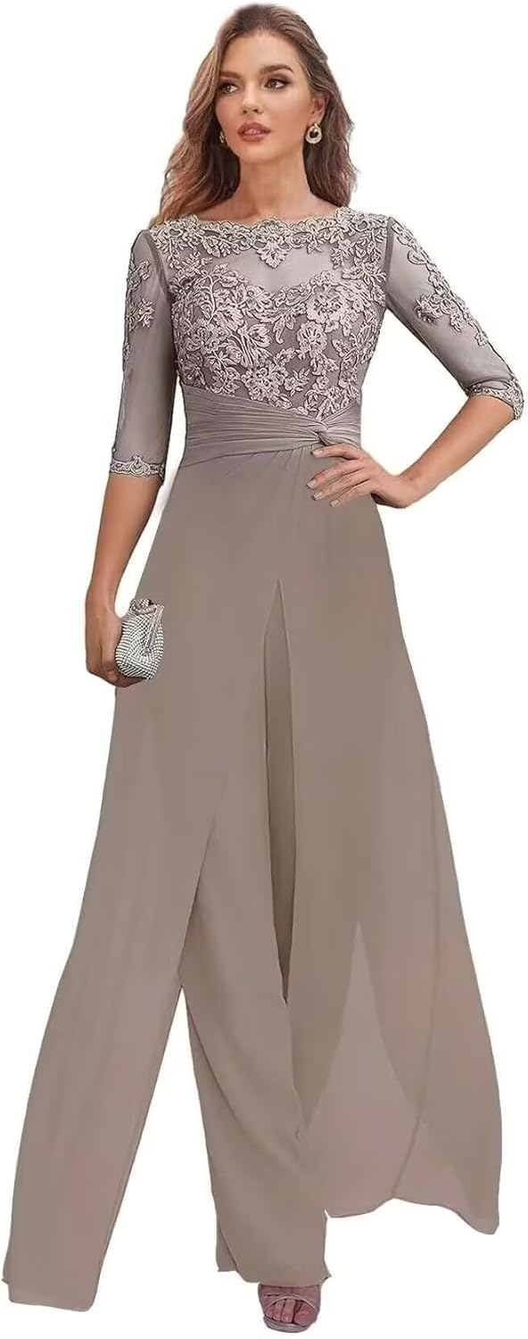 Lace Applique Mother of The Bride Pant Suits for Women Dressy 3/4 Sleeve Chiffon Formal Wedding Gust Outftis DP052