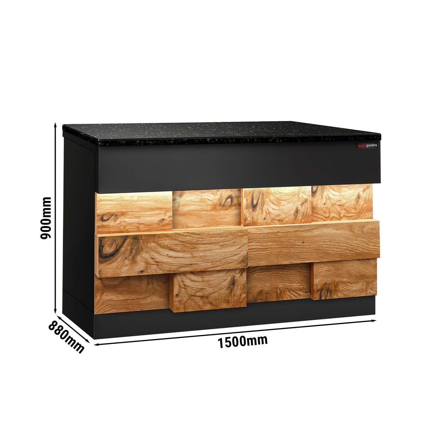 GGM Gastro Kassentisch Toronto 1500 mm | robuste Granitarbeitsplatte, edles Design mit LED-Beleuchtung, ergonomische Arbeitshöhe, pflegeleicht, direkt einsatzbereit