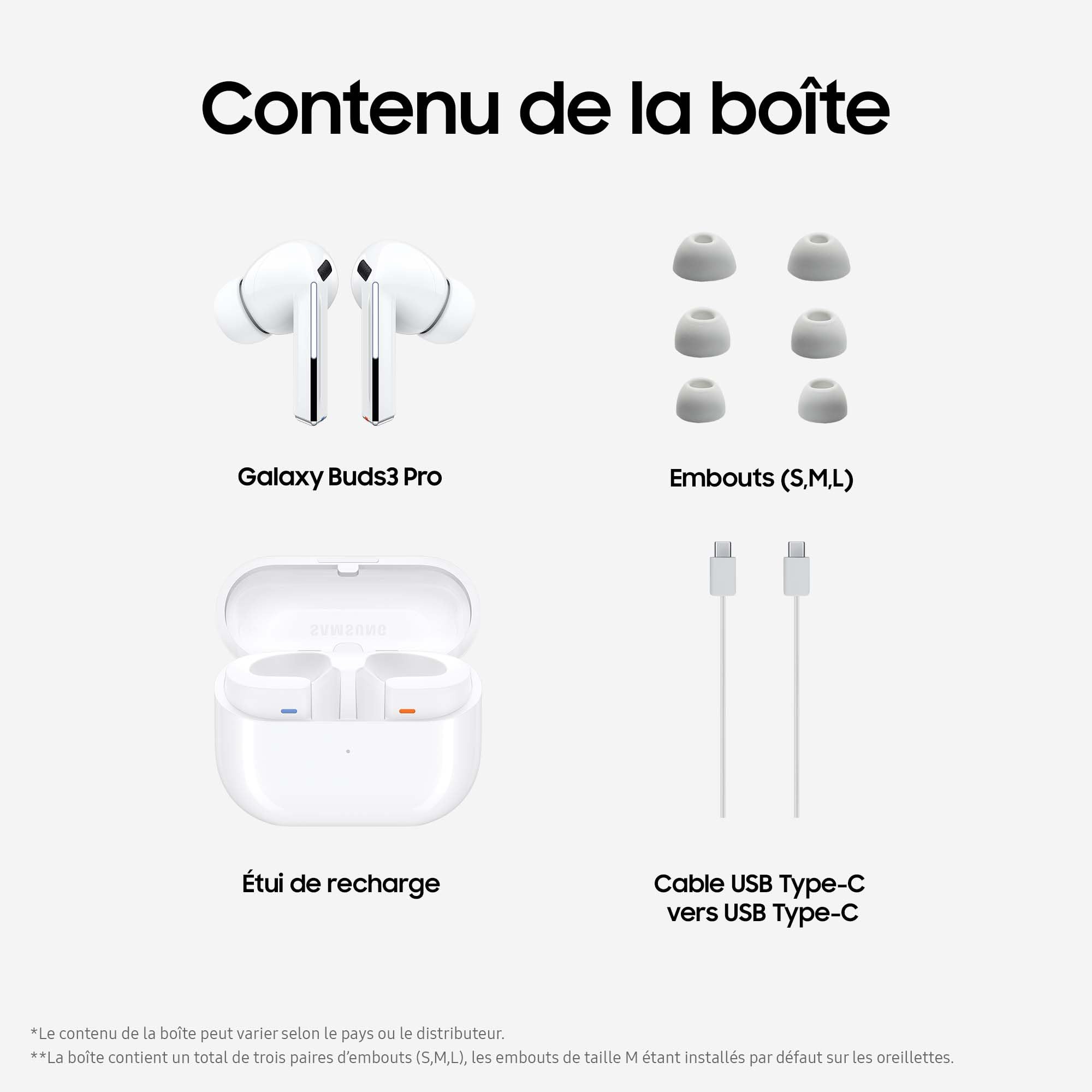 Samsung Galaxy Buds3 Pro, Écouteurs sans Fil, Réduction Active de Bruit, Bluetooth, Blanc, Audio 360, Galaxy AI, Chargeur Secteur Inclus, (Version FR) [Exclusivité Amazon]