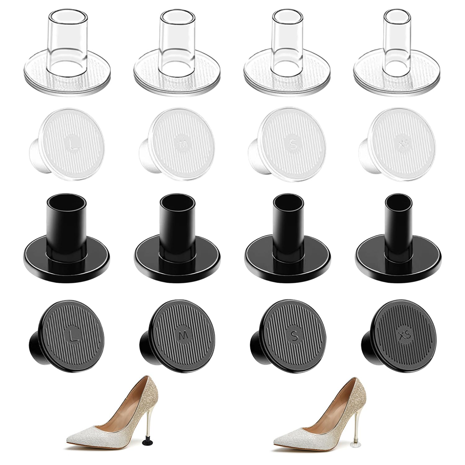 Protectores de tacón alto, tapones de talón y tapas de reparación de talón, 8 pares de 4 tamaños, fundas de punta de tacón alto para mujer, perfectas para bodas, carreras, ocasiones formales (XS, S, M