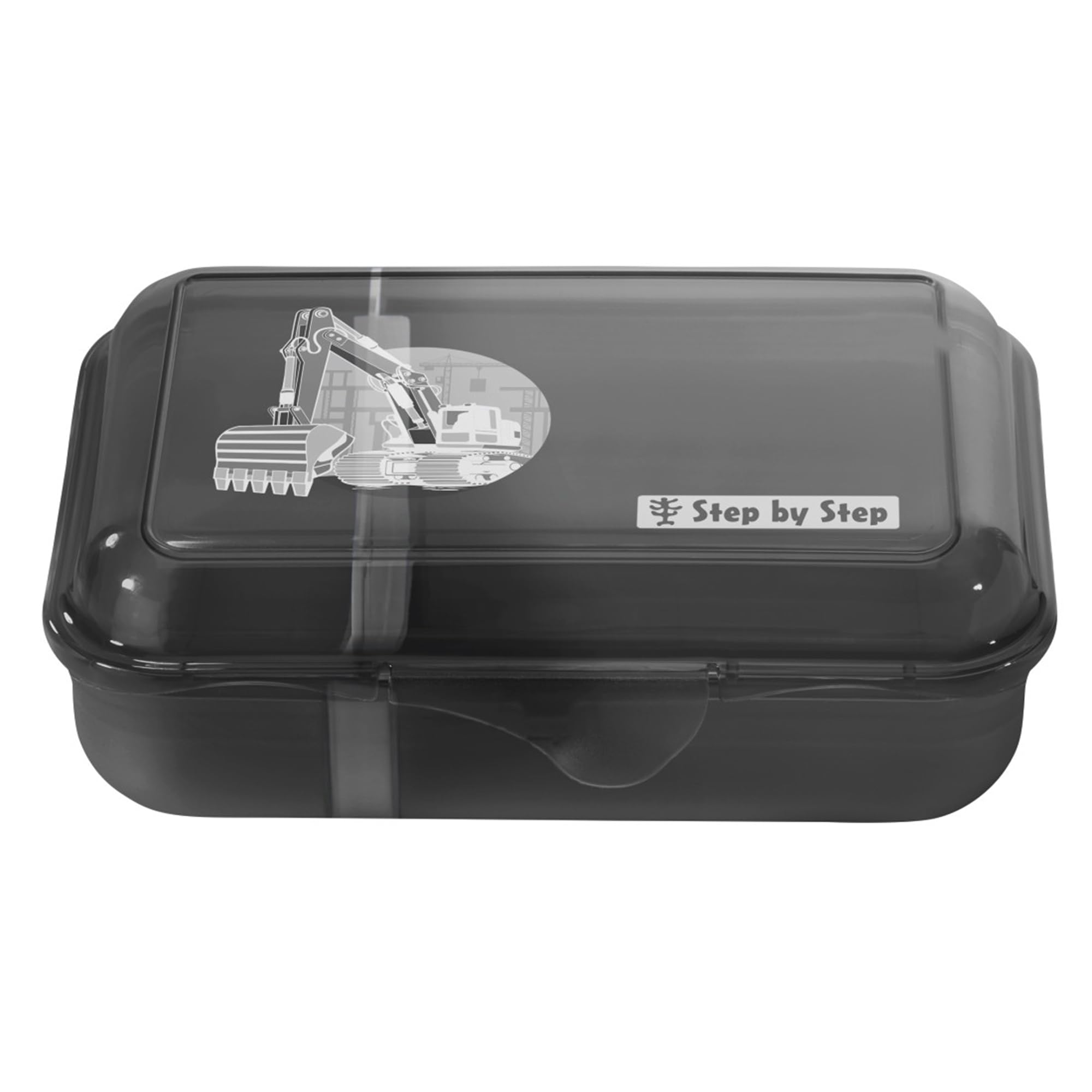 Step by Step Lunchbox „Bagger Rocco“ schwarz, mit Trennwand und Klickverschluss, spülmaschinenfest, BPA-frei, für Schule und Kindergarten, für Jungen und Mädchen, 0,9 Liter