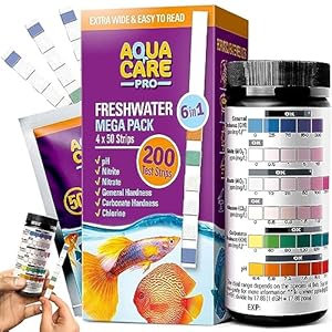 Freshwater Aquarium Test Strips 6 in 1 – Fish Tank Test Kit for Testing pH Nitrite Nitrate Chlorine General & Carbonate Hardness (GH & KH) – Easy to Read Wide Strips & Full Water Testing Guide, 200 Ct