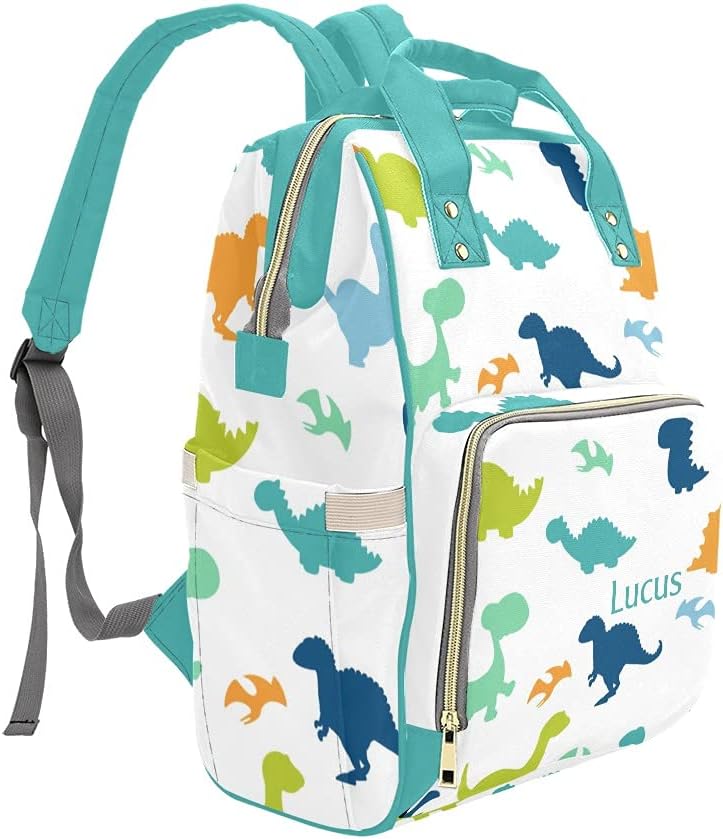 Dinosaur Colorful Personalized Diaper Bag Backpack Tote with Name,Custom Travel Nappy Mommy Bag Backpack for Baby Girl Boy Gift, 10.83 inch * 6.69 inch * 15 inch