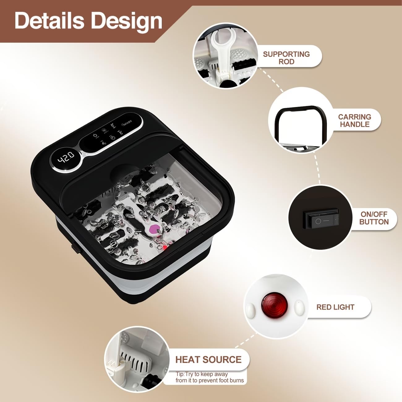 Collapsible Foot Soaking Tub with Heating Function, Adjustable Temperature, Bubble Jets, Touch Control Panel, 6 Rollers, Removable Pedicure Footrest, Compact and Lightweight for Home Relaxation