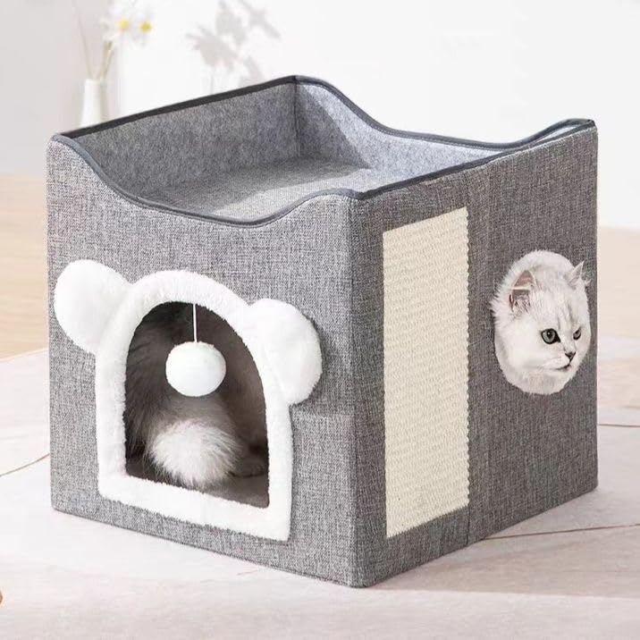 سرير للقطط للاستخدام في الأماكن المغلقة من اوكت ستوري- منزل قطط بتصميم مكعب متعدد الاستخدامات مزود بلوح خدش للقطط وكرة منفوشة، سرير قطط مقاس كبير قابل للطي، مقاس 39 × 39 × 38 سم