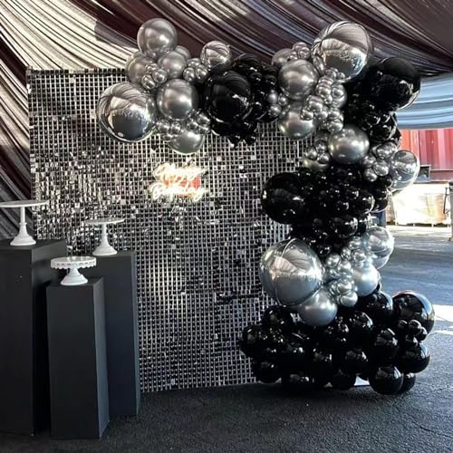 Image of Black and Silver Balloons Arch Garland Kit, 134pcs Metallic Chrome Silver and Black Balloons with Different Size for Birthday, Graduation, Baby Shower, Disco New Years Party Party Decoration
