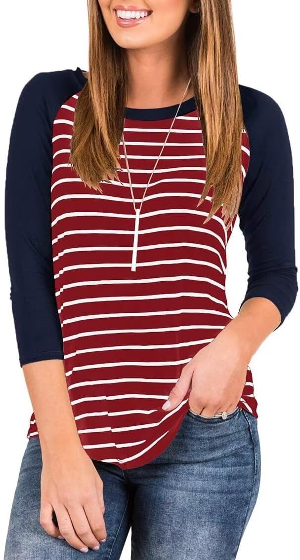 Women's Plus Size 3/4 Sleeve Tops Crew Neck Loose Fit Striped T Shirts Fall Basic Tunic Top Blouses