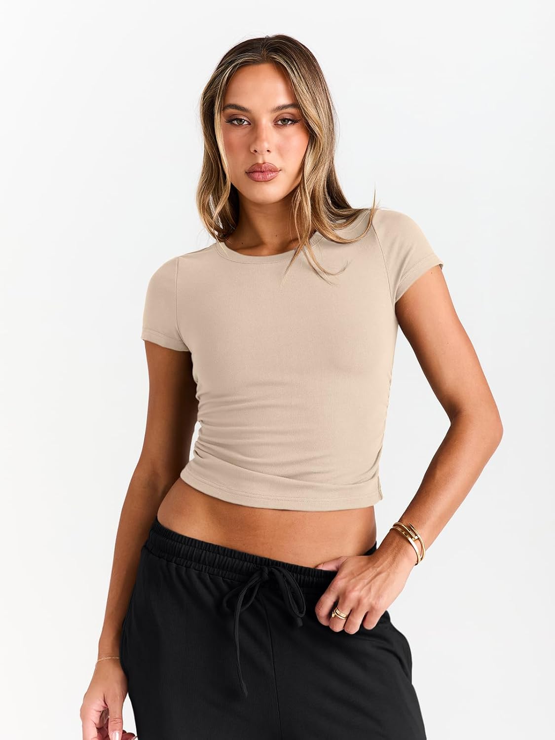 Trendy Queen 2 Piece Matching Summer Sweatsuit Lounge Set Womens Wide Leg Pants Side Ruching Crop Top Sets - Image 5