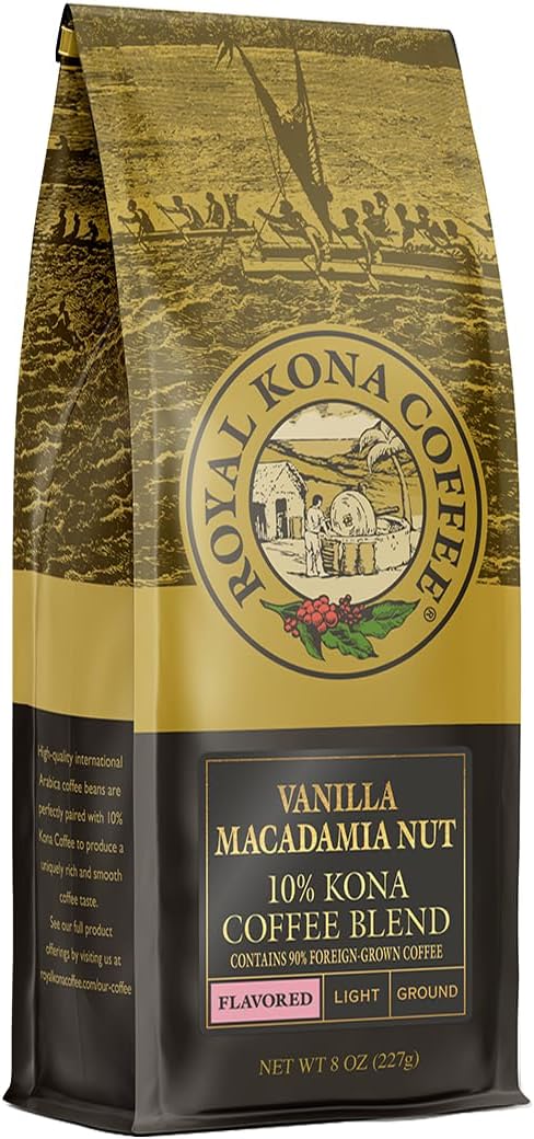 COFFEE FOR ROYALTY Royal Kona 10% Hawaiian Kona Coffee Blend, Vanilla & Macadamia Flavor, Light Roasted, Ground - 8 Ounce Bag