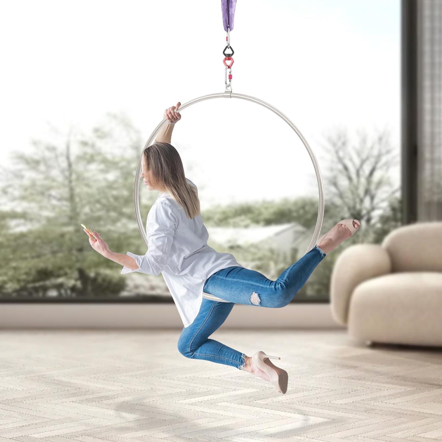 Aerial Hoop Kit 95cm/37.4 in, Professional Yoga Starter Set with Screw-Lock Carabiners, Round Sling and Storage Bag, Aerial Dance Circus Ring for Home, Exercise, Performance(Silver, Purple)