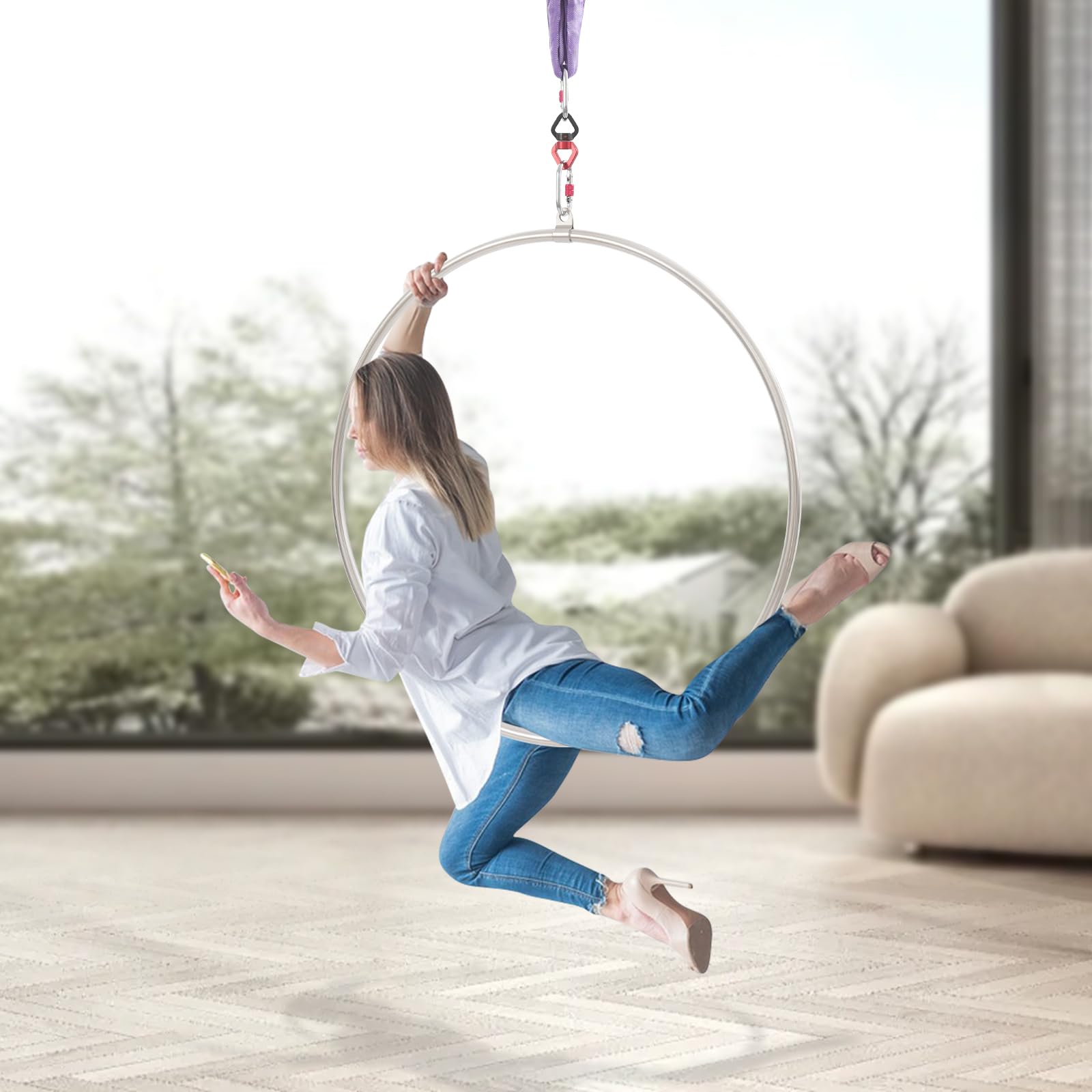 Aerial Hoop Set 95cm mit Zubehör – Luftring für Ganzkörpertraining und Luftakrobatik, Edelstahl, Silber & Lila, geeignet für Fitnessstudio, Zuhause, Artistik für Erwachsene und Jugendliche