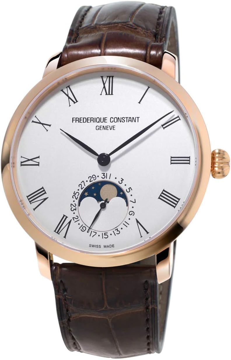 Frederique Constant Slimline Moonphase Mens Plated Rose Gold Watch with Numbers - 42mm Analog White Face Sapphire Crystal Brown Leather Band Swiss Automatic Moon Phase Watch for Men FC-705WR4S4
