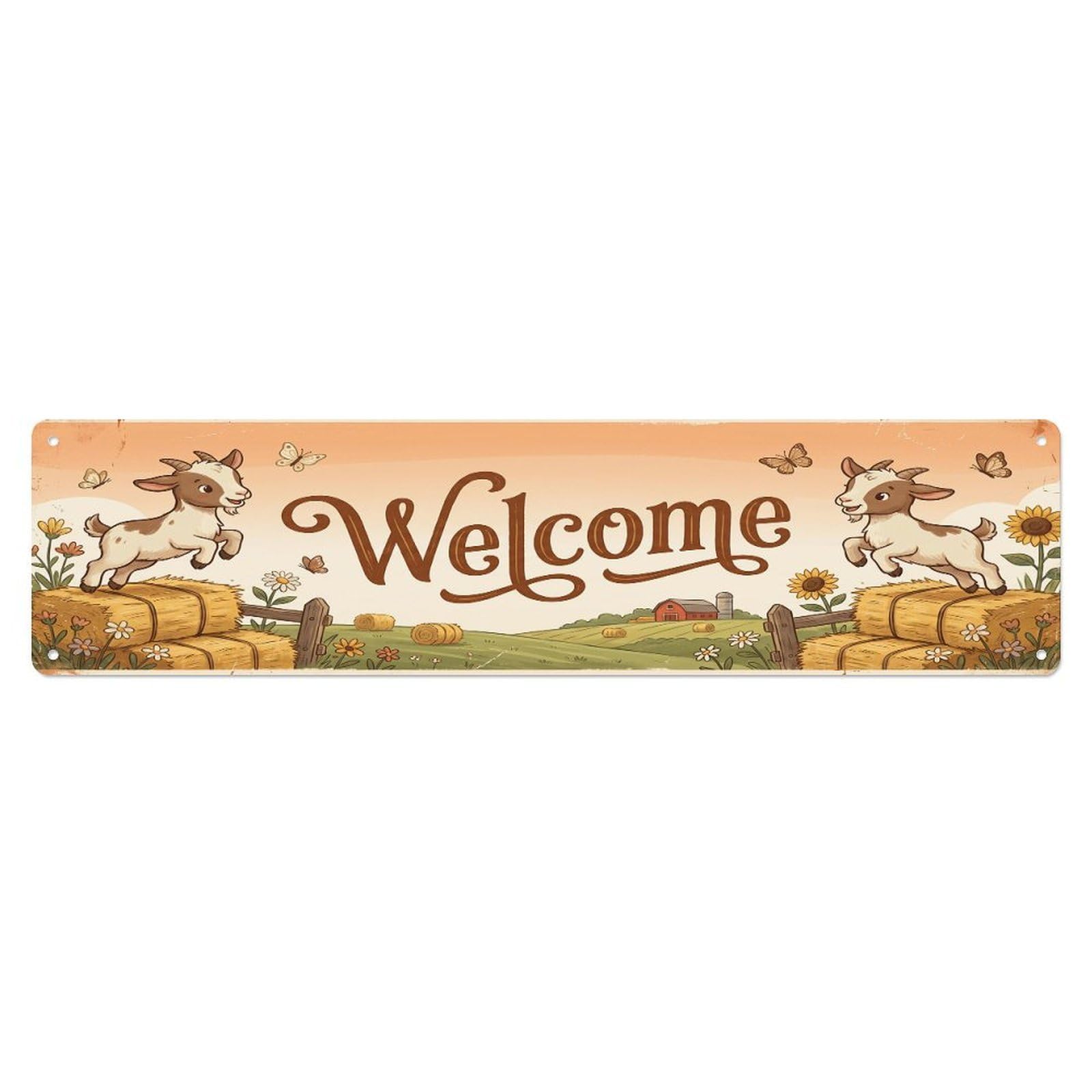 Olhnbad 4X16inch(10X40cm) Vintage Welcome Kid Goat Hay Metal Tin Sign