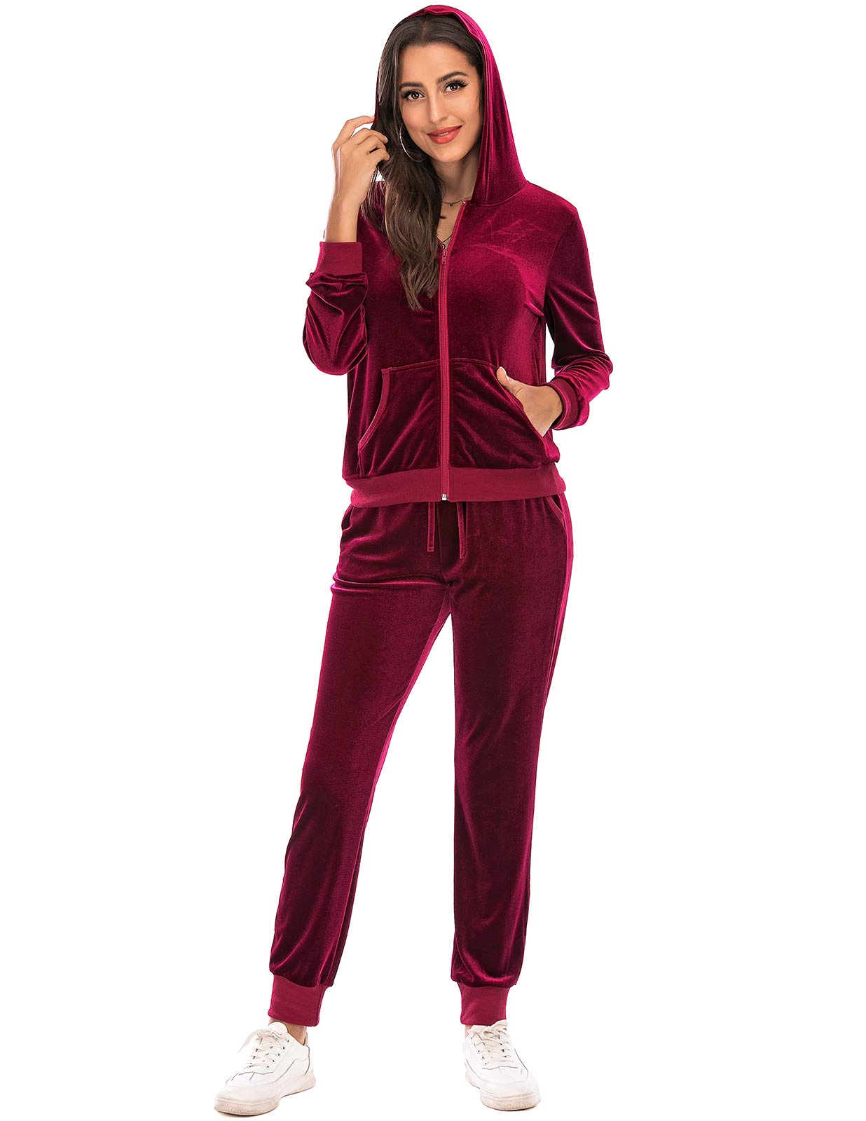 Veseacky Women's Burgundy Soft Tracksuit Sets 2 Piece Sweatsuits Velour Pullover Hoodie & Sweatpants Jogging Suits Outfits Wine Red M
