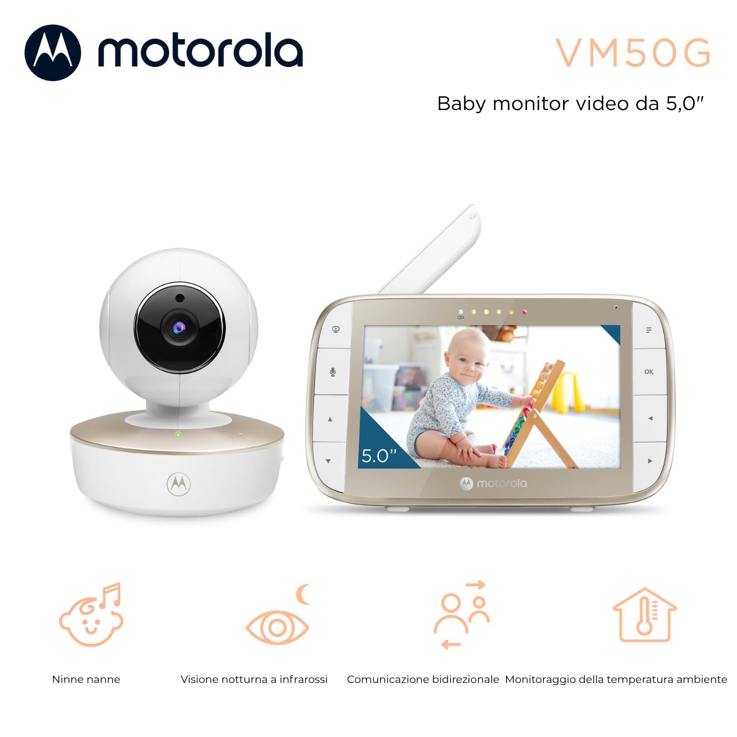 Motorola Nursery VM50G Videocamera Baby Monitor, Display 5 pollici, Ninnananna, Comunicazione Bidirezionale, Microfono Alta Sensibilità, Inclinazione e Zoom Digitale, Visione Notturna, Bianco o Oro