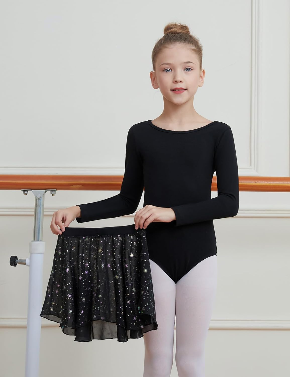 DIPUG Long Sleeve Ballet Leotards for Girls Dance Dress Removable Skirt with Shiny Star - Image 2
