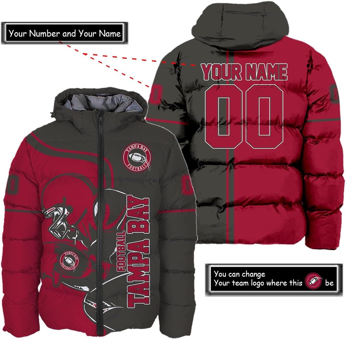 Personalized Tampa Bay Football Team Buccaneers Men's Hooded Puffer Jacket