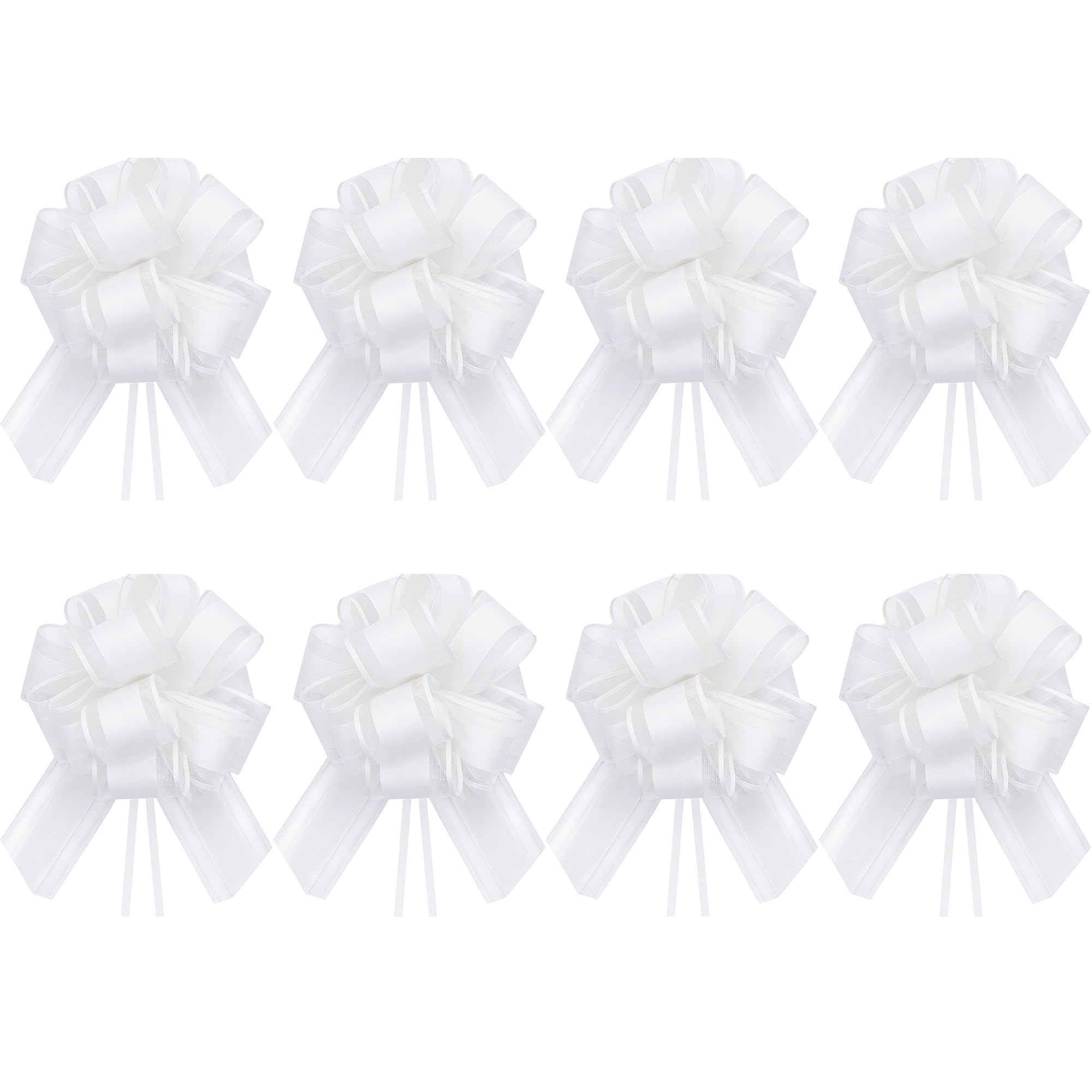 Time to Sparkle 8PCS Organza Pull Bows 17cm*22cm Gift Wrapping Bows Present with Ribbon Pull String for Christmas Baskets,Party Present,Holiday - White
