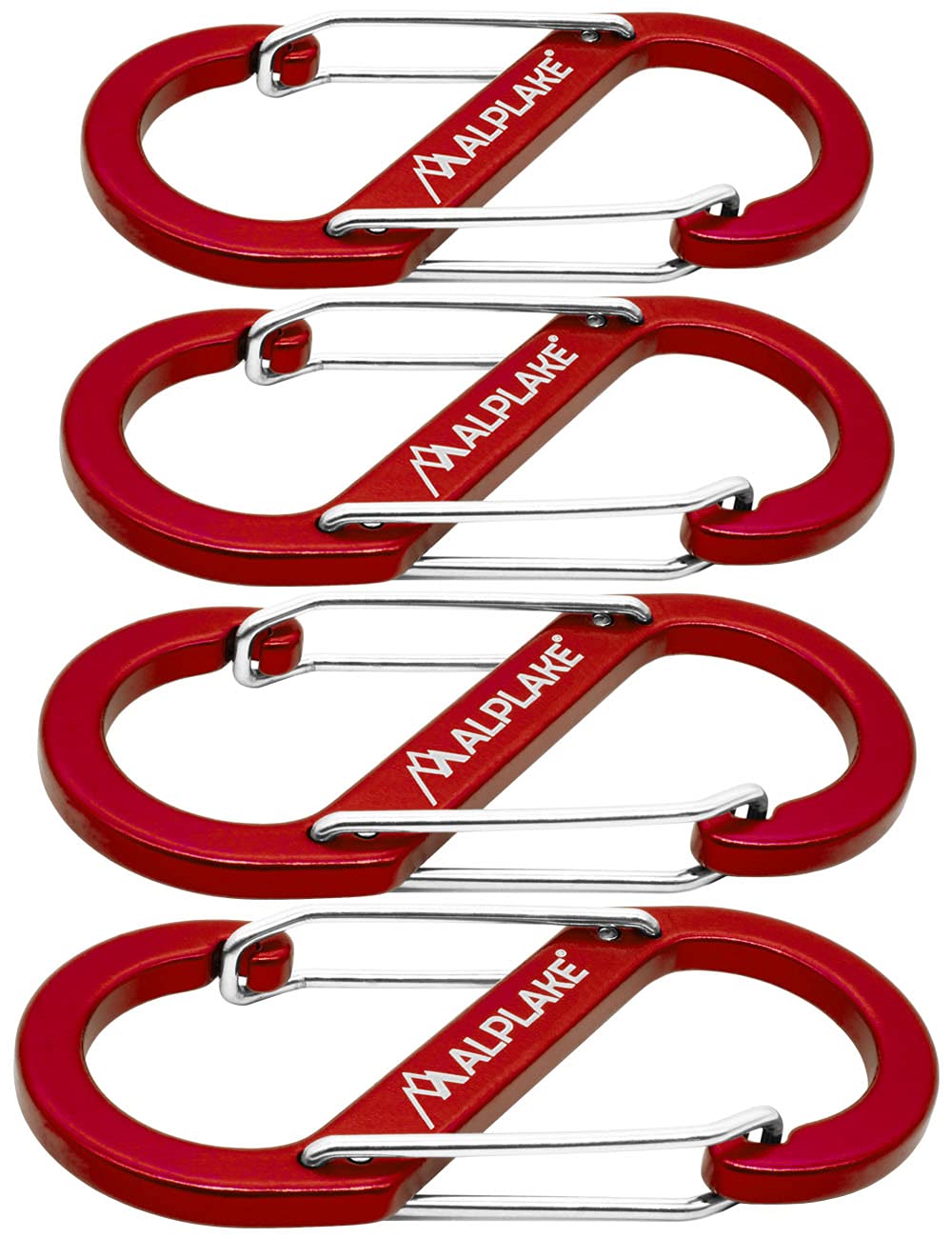 Set di 4 moschettoni in materia, doppi moschettoni, micro moschettoni, forma a S, 88 x 40 mm, rosso