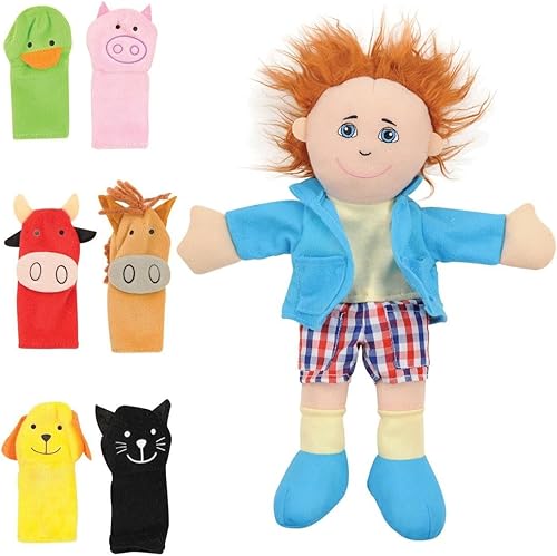 Constructive Playthings Juego de marionetas y accesorios para edades de 2 años en adelante, juego de 7