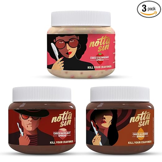 Notta Sin Trio: Choco Hazelnut, Choco Almond & Choco Strawberry Spreads | No Added Sugar - Contains Monk Fruit & Stevia | Nourishing Almonds | Turkish Hazelnuts | Crunchy Strawberry Bits| Rich in Fiber & Protein | Spread for Bread | (80G x3)