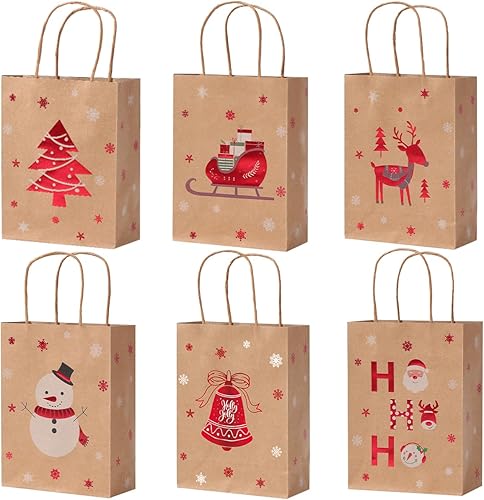 Vammy Paquete de 24 pequeñas bolsas de regalo de Navidad con asas, 6 diseños, bolsas de papel kraft de Navidad a granel para Navidad, fiestas y