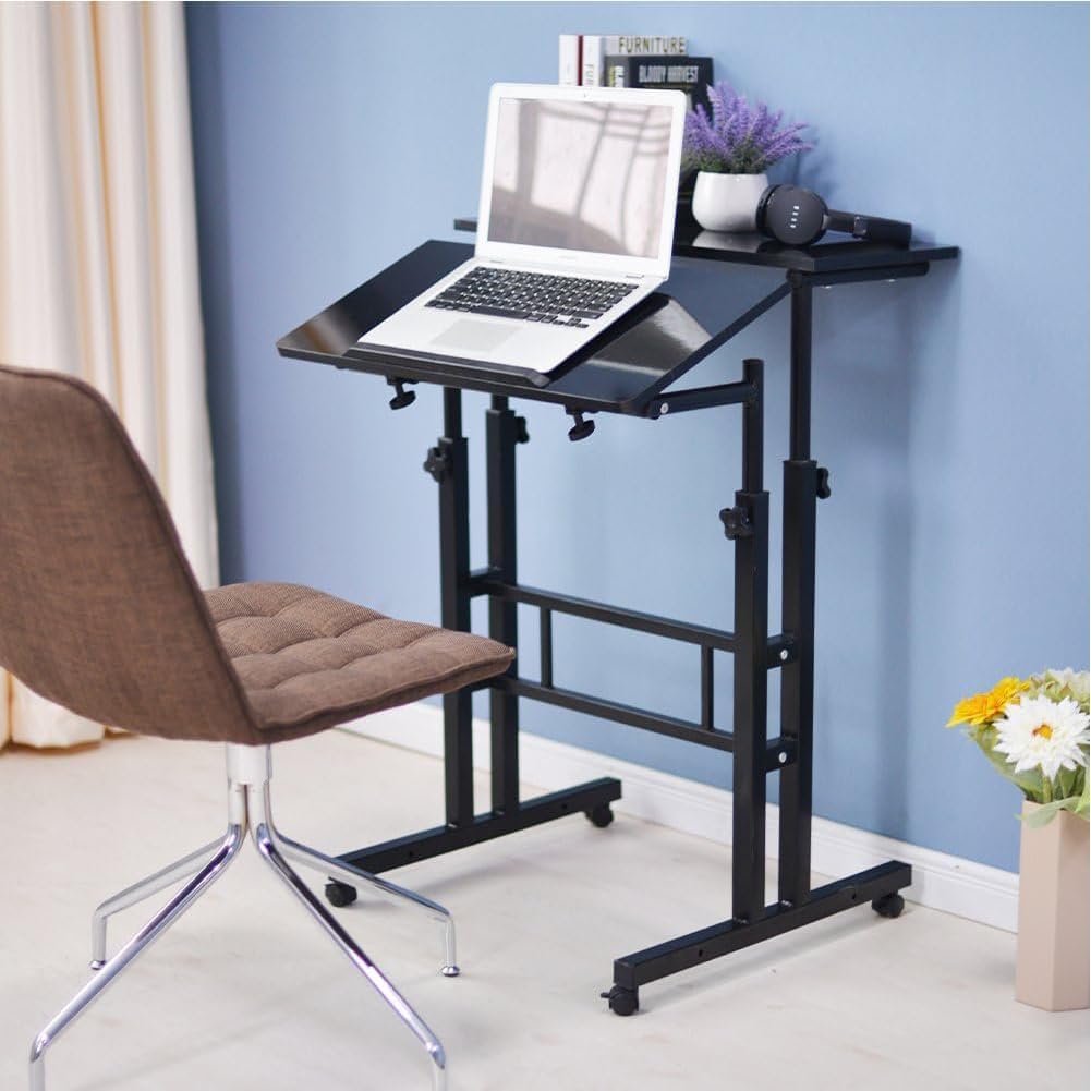 Garvee Bureau Debout Compact et Mobile – Hauteur réglable 60x60 cm, Plateau inclinable, roulettes – Poste de Travail pour Ordinateur Portable – Idéal Bureau à Domicile – Structure Fer et MDF Noir