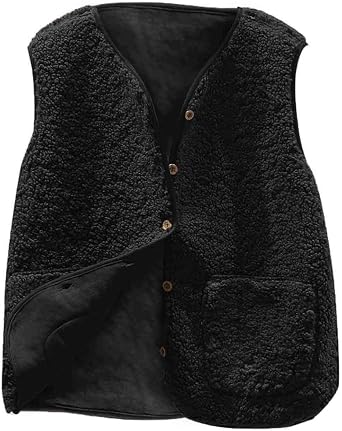 NSICBMNO Women'S Fleece Vests With Pockets Soft Sherpa Gilets Winter Waistcoats Ladies Lightweight Body Warmers Solid Color Tops Sleeveless Coats Button Up Cardigan Collarless Jackets