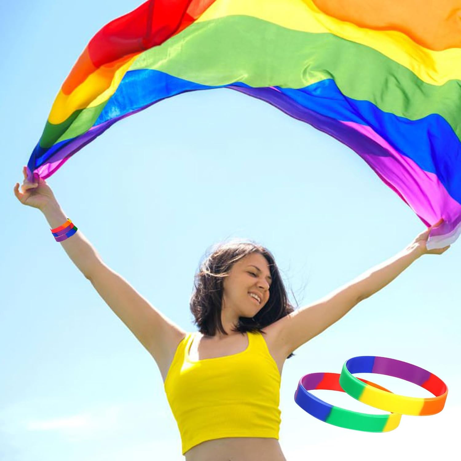 300 Pcs Pride Wristbands Bulk Rainbow Silicone Bracelet Pride Wristbands Decorations Stretch Silicone Wristband Wrist Bands for Gay and Lesbian Parades Rainbow Festival Party Decorations Supplies