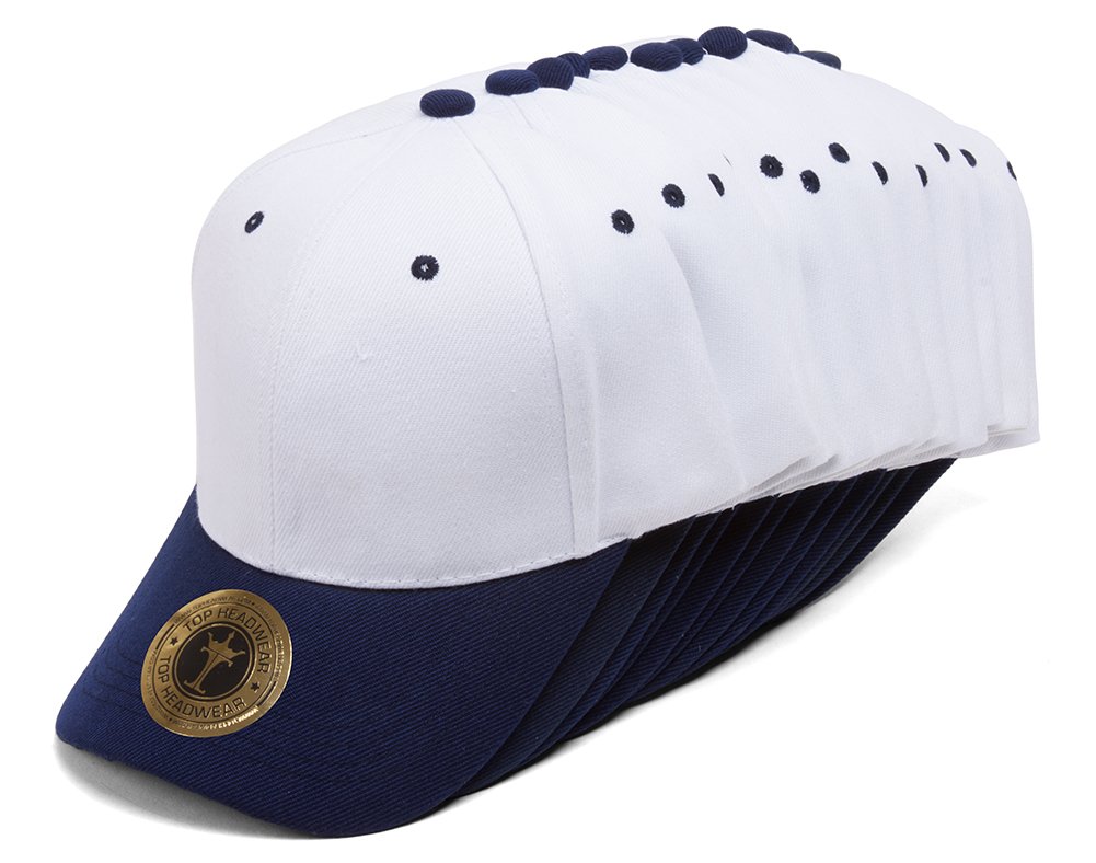TOP HEADWEAR 12-Pack Adjustable Baseball Hat - White/Navy
