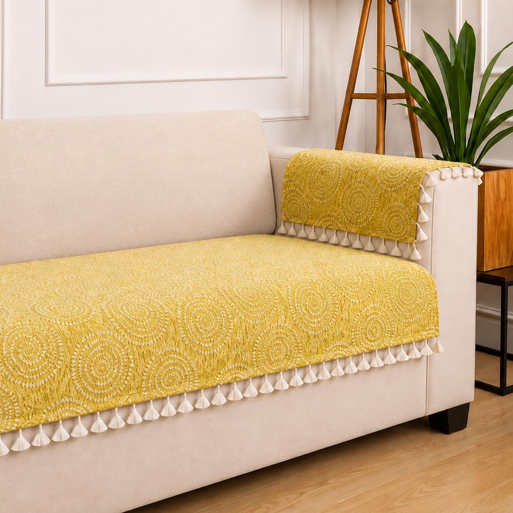 STITCHNEST Woven Fabric Sofa Cover 3 Seater with 2 Hand Rest Covers – Washable Green Sofa Cover with Tassels – Durable Premium Fabric – Stylish Sofa Protector for Living Room & Furniture Decor