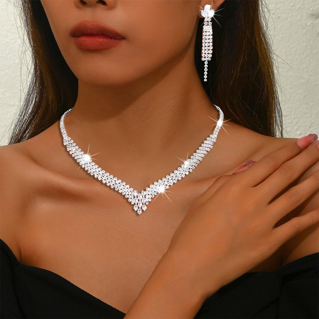 Sixexey Silver Rhinestone Wedding Jewelry Set Silver Prom Necklace Earrings Bridal Jewelry Accessories for Women - Image 5