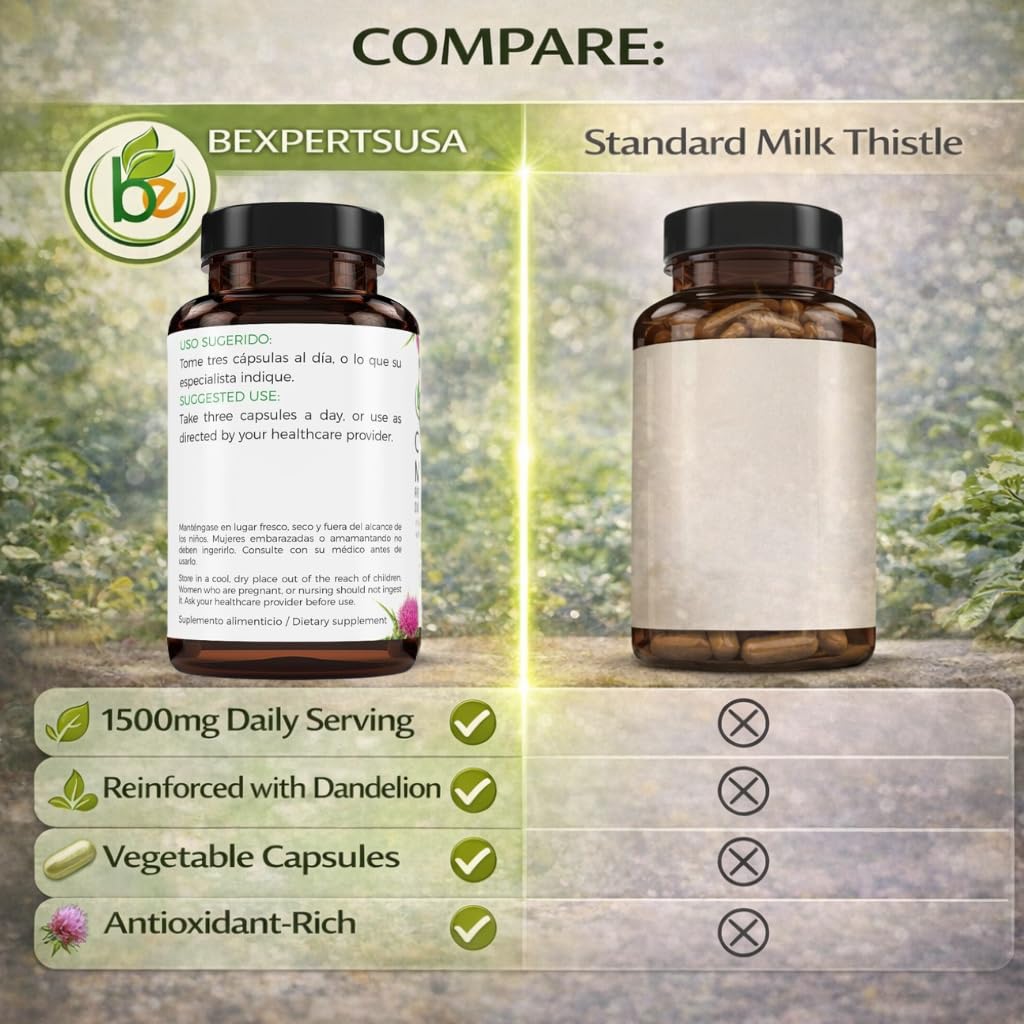 Cardo Mariano reforzado con diente Leon (Milk Thistle Reinforced w/Dandelion) 90 Vegetable Capsule 1500 mg per Serving, Root Liver Health Support, Antioxidant Support,100% Natural, Made by BexpertsUSA — Amazon image 8