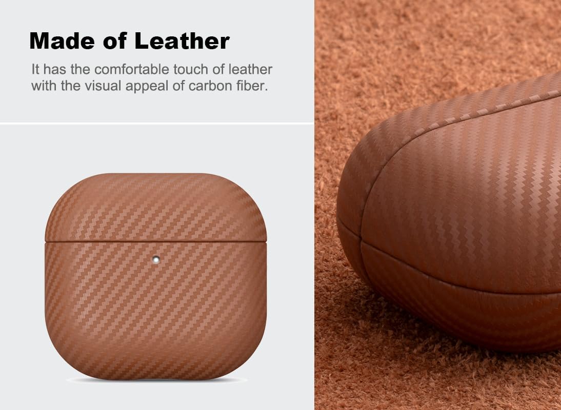 Haobobro Leather Case - for AirPods 4 with Active Noise Cancellation/AirPods 4 Case Cover - Selected Skin-Friendly Leather, with Carbon Fibre Texture, Handmade Drop Protective Hard Cover - Brown